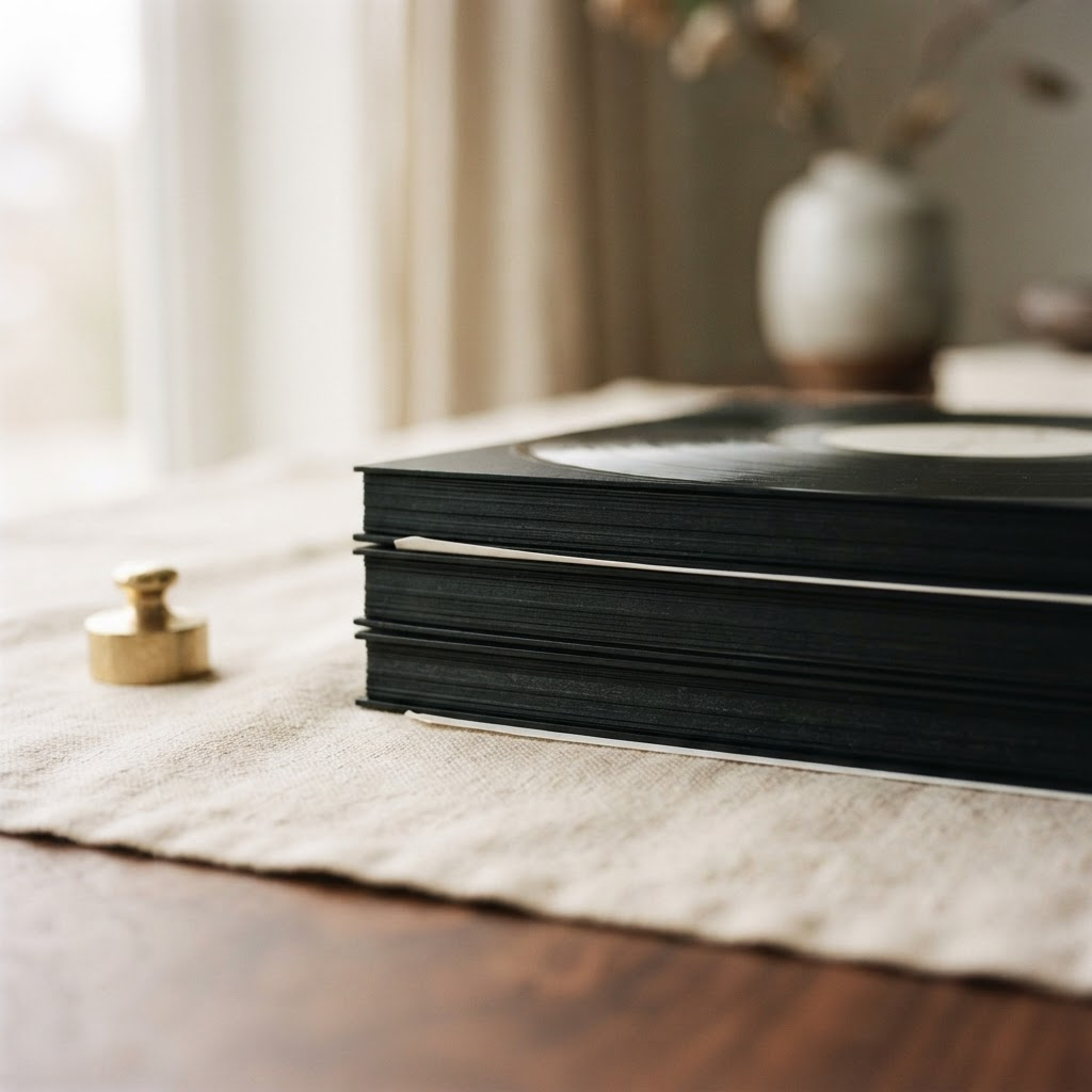 The thick edge profile of a stack of heavyweight 180-gram audiophile LPs on ivory linen