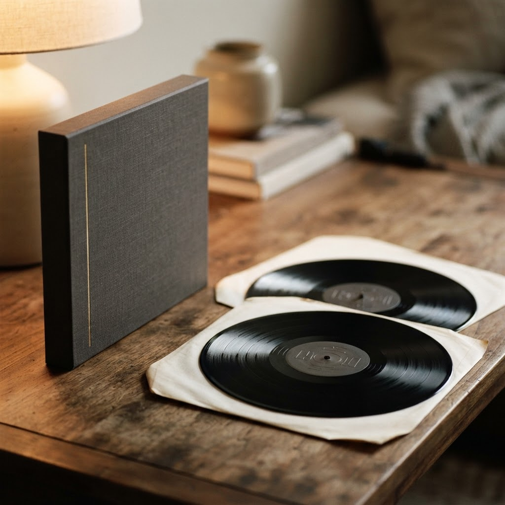 A deluxe two-LP 45 RPM audiophile set with two heavyweight records fanned beside a rigid slipcase box