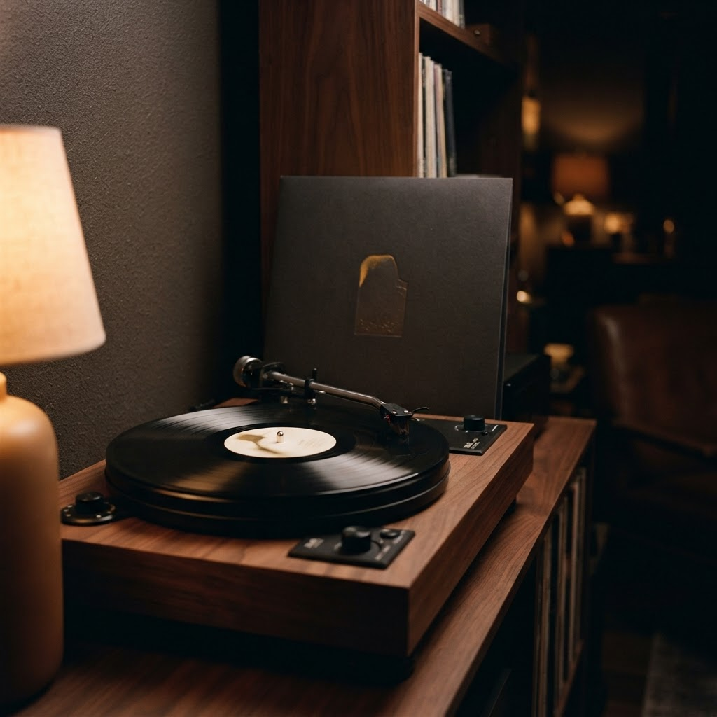 A premium direct-to-disc LP on a high-end turntable platter with the tonearm lowered in a dim room