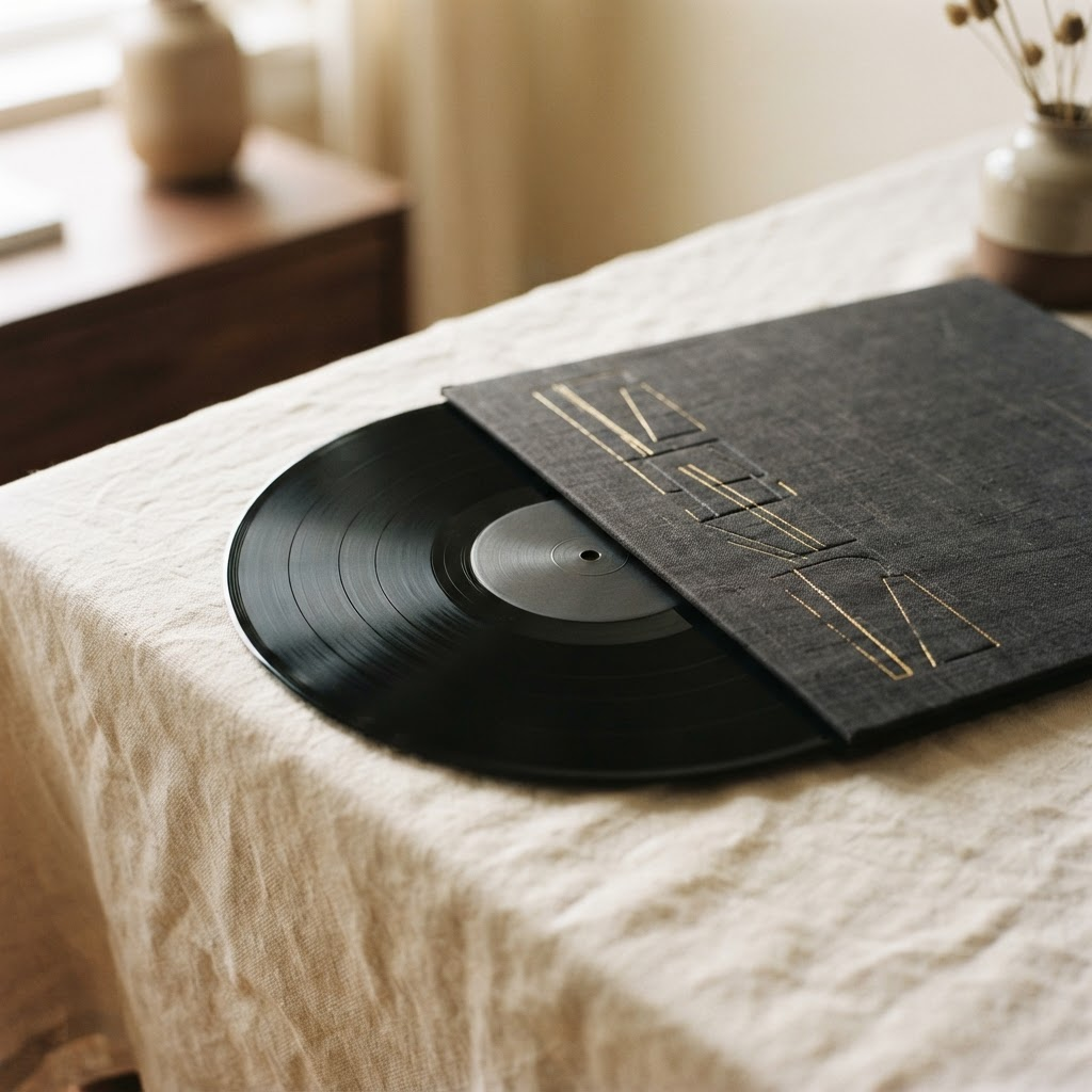 A heavyweight audiophile LP half-slid from a deluxe gold-foil gatefold jacket on ivory linen