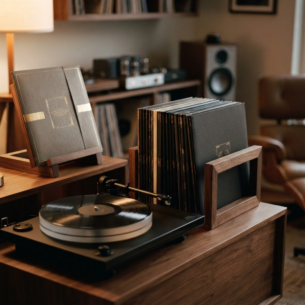 A premium audiophile record collection on walnut shelving, gold-foil gatefold spines with a deluxe edition displayed face-out under soft light