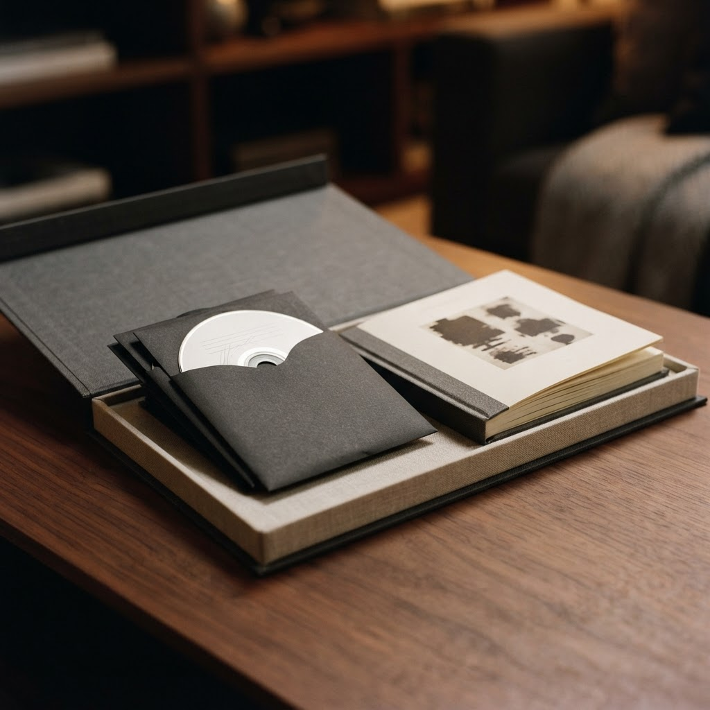 A deluxe multi-disc compact disc box set opened to show discs in sleeves and a hardcover booklet