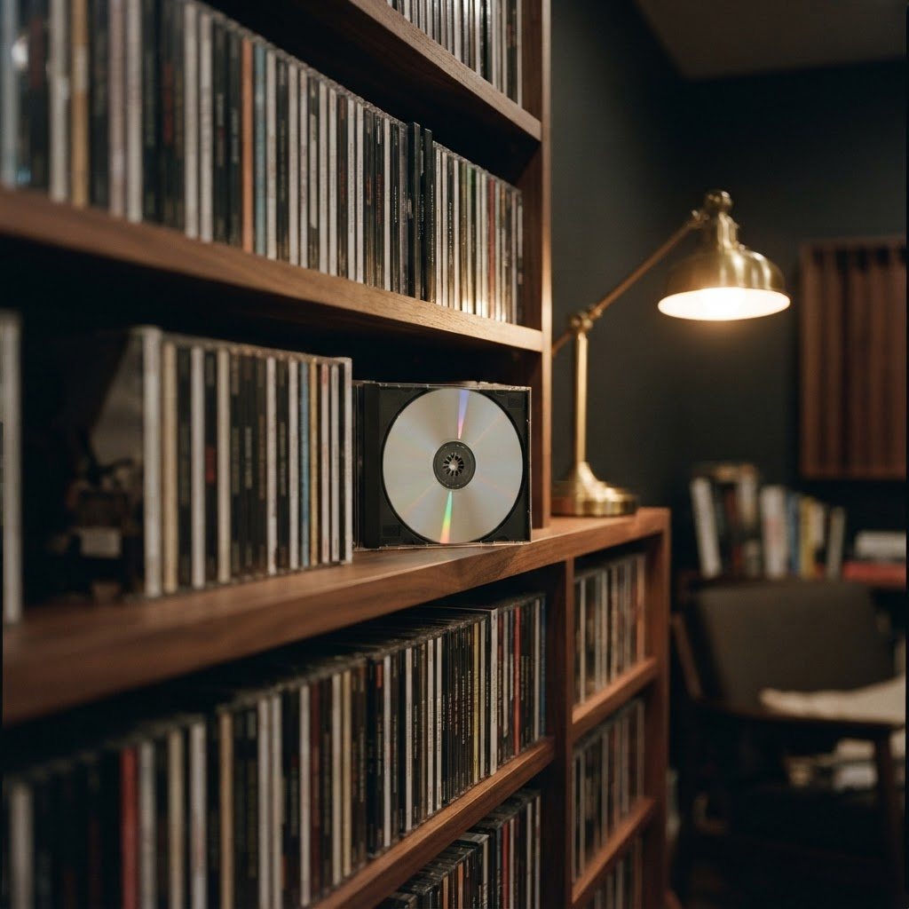 A private compact disc collection on walnut shelving, jewel cases faced out with a silver disc catching soft prismatic light