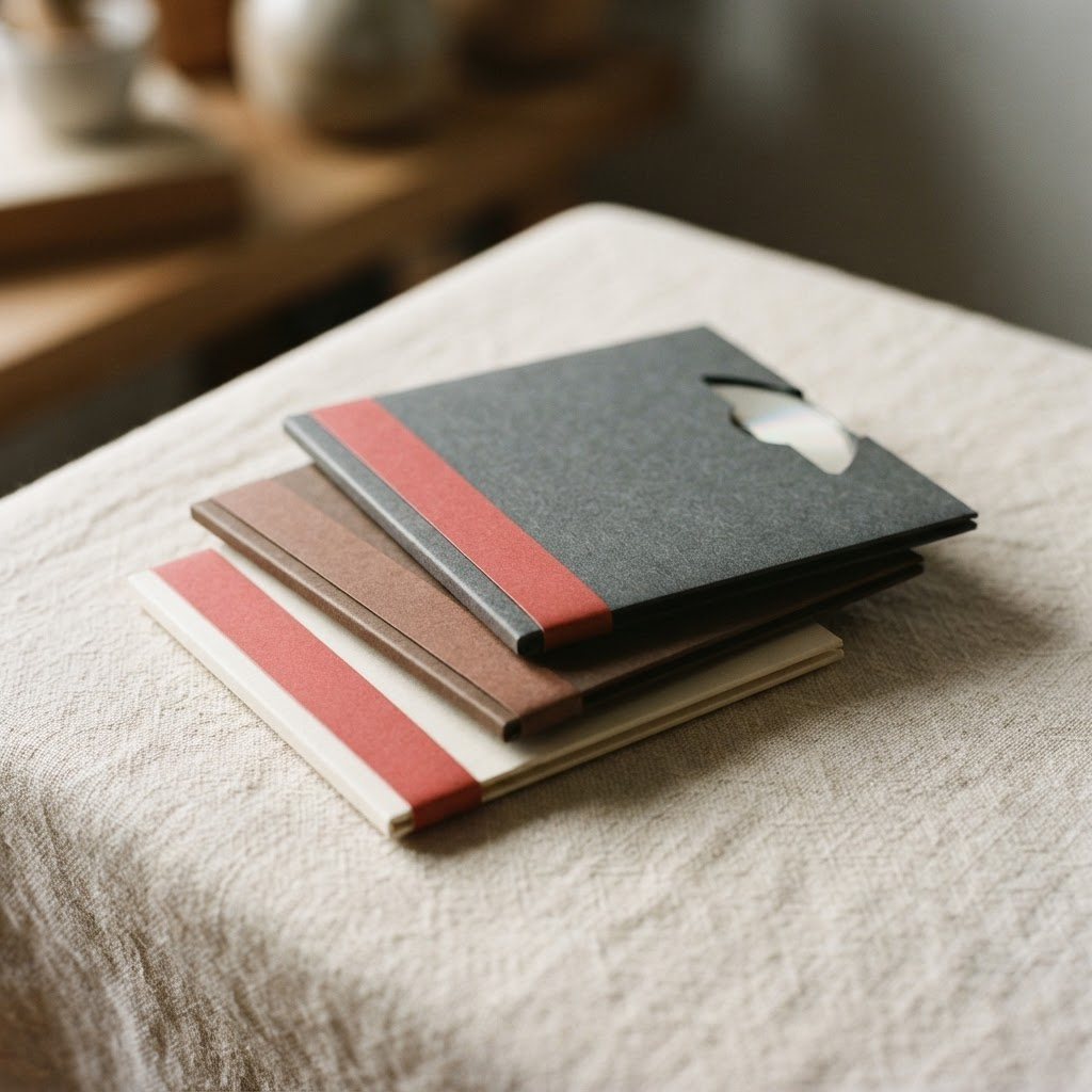 A stack of Japanese mini-LP compact discs with a vertical paper obi strip on ivory linen