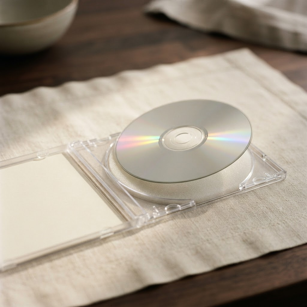 An open jewel case with a silver compact disc lifted to catch a soft rainbow reflection on ivory linen