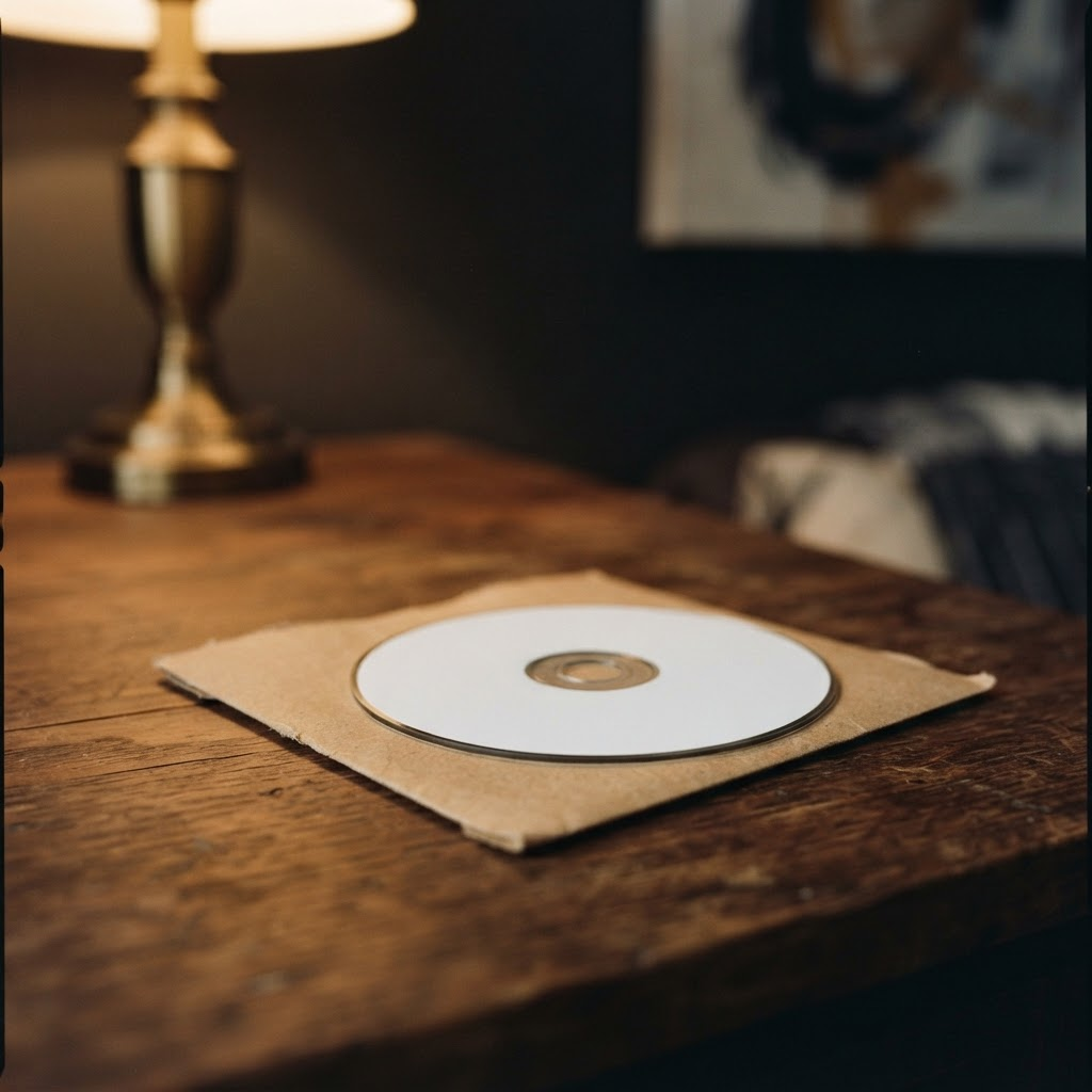 A plain white-label promotional compact disc resting on a kraft-paper sleeve on a walnut surface