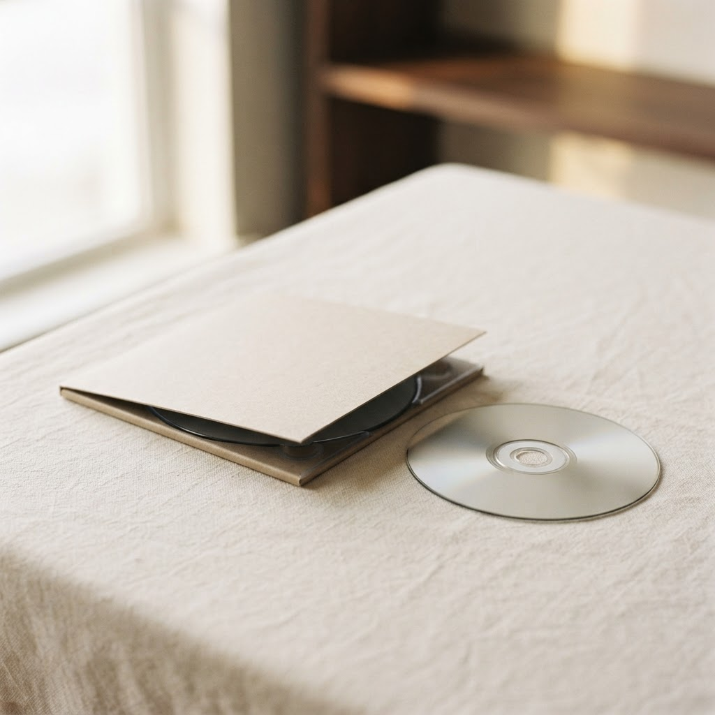 A digipak compact disc reissue with a matte cardboard gatefold sleeve open beside a silver disc