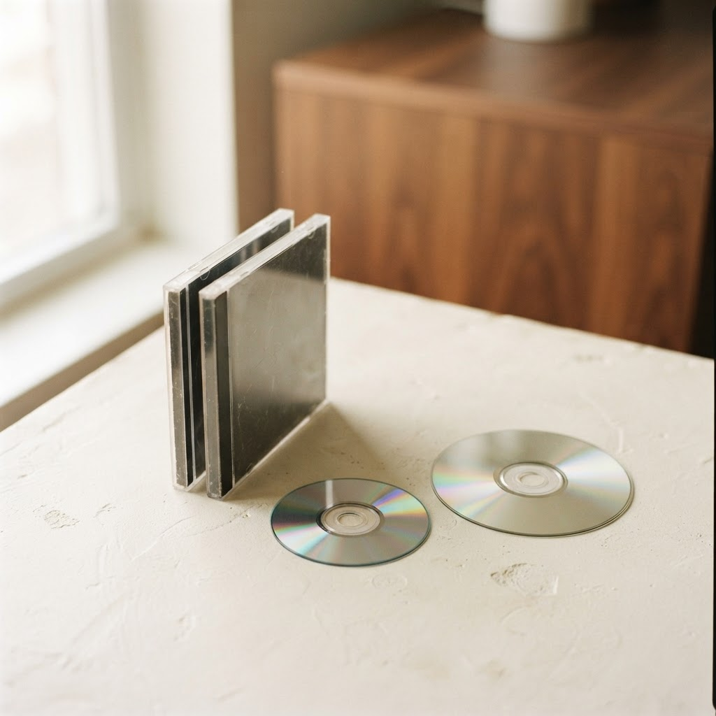 A fan of slim cardboard-sleeve CD singles and a three-inch mini CD on a warm ivory surface