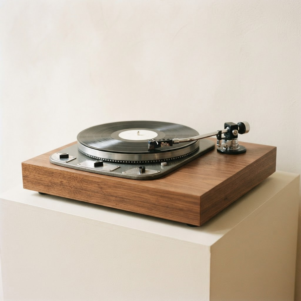 A restored vintage idler-drive turntable with brushed platter