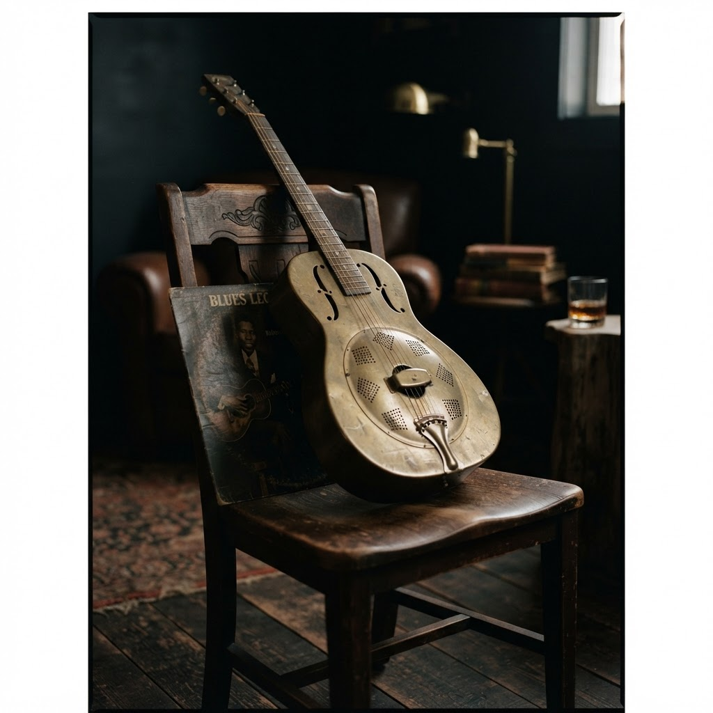 A well-worn resonator guitar on a wooden chair with a record leaning against it