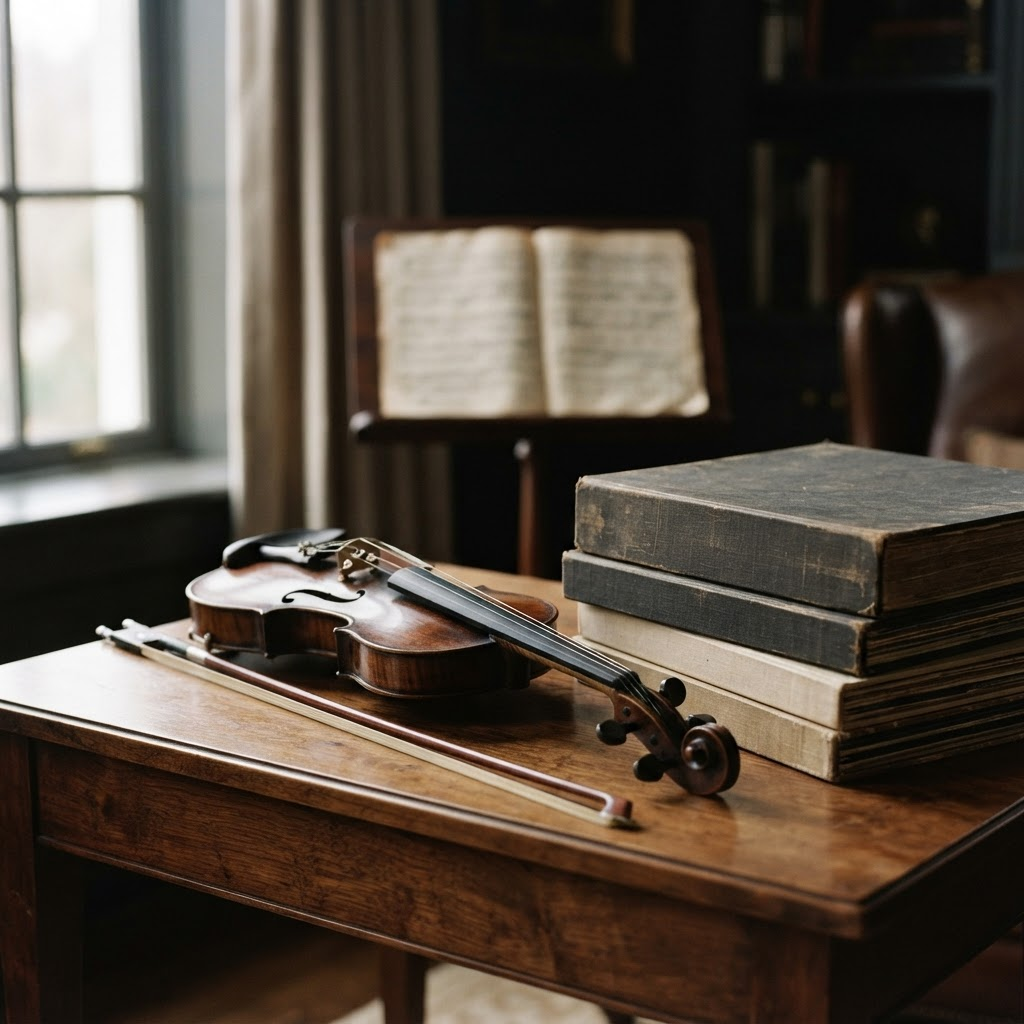 A violin and classical vinyl box sets on a walnut side table