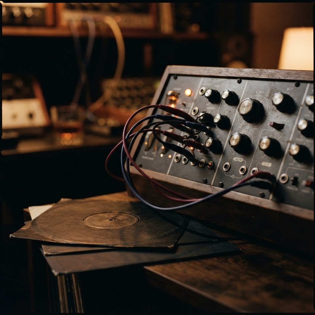 A vintage analog synthesizer with patch cables in warm low light