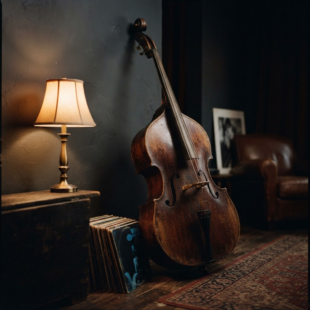 An upright double bass beside a stack of jazz records in a dim lamp-lit room