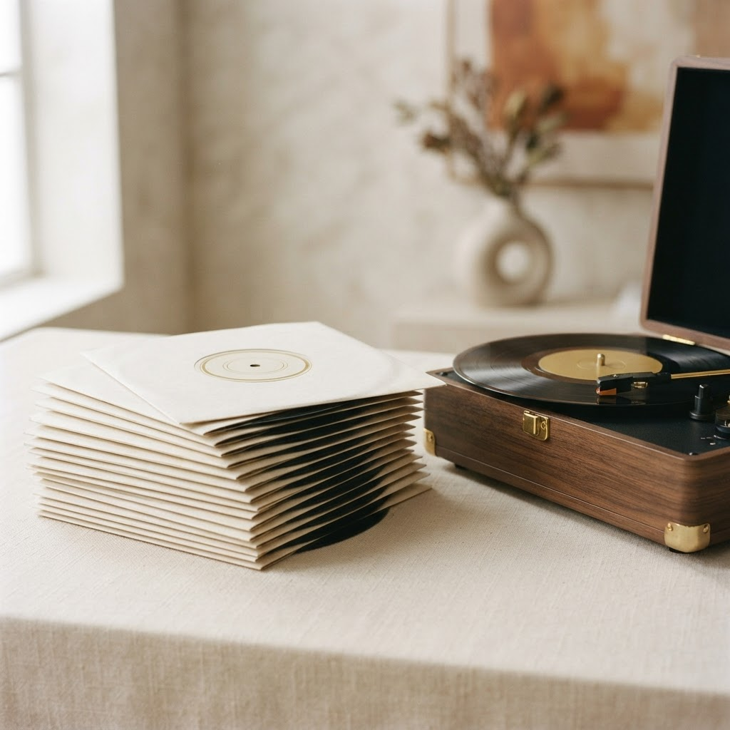 A fan of seven-inch single records beside a small portable record player