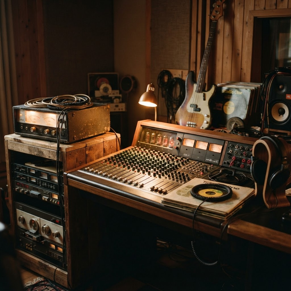 A vintage valve mixing desk and spring reverb unit in a warm dub studio with reggae records