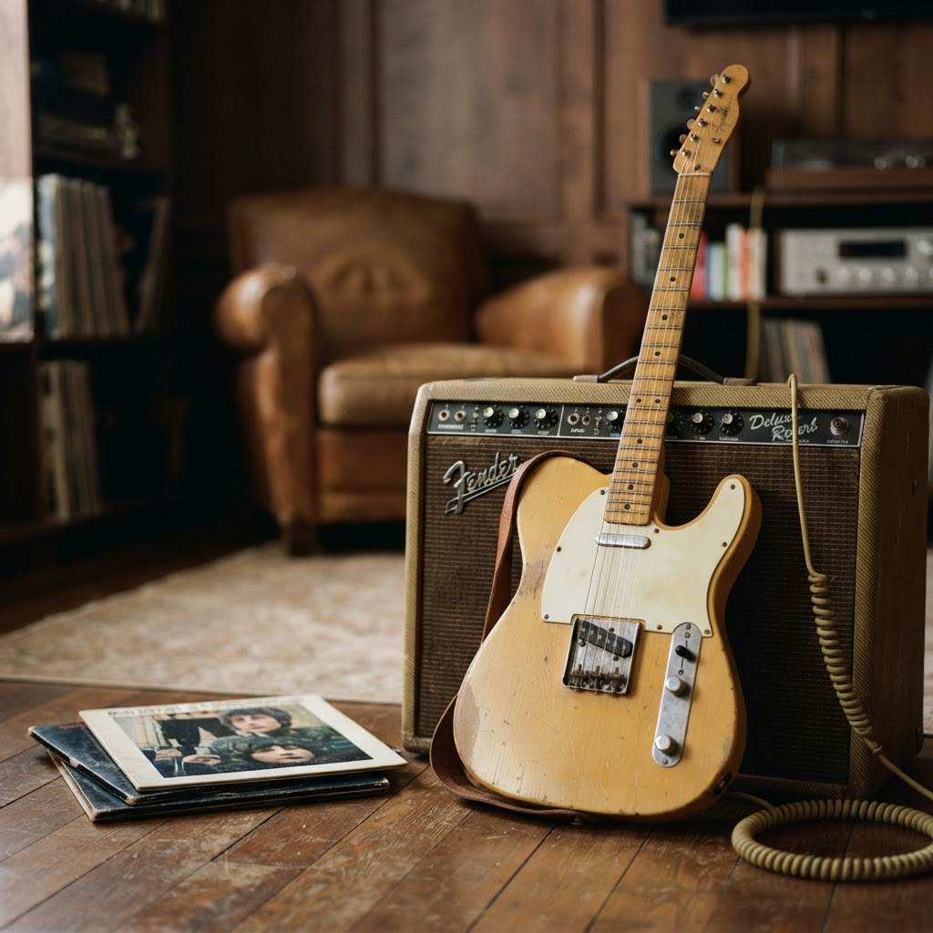 A vintage electric guitar resting against a tube amplifier