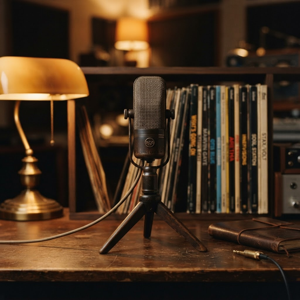 A vintage ribbon microphone in a warm lamp-lit studio with soul records behind