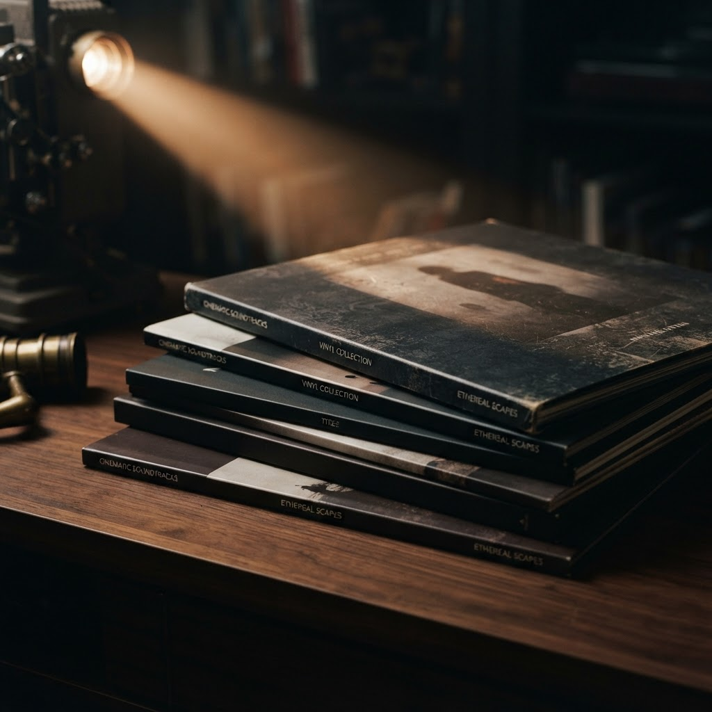 A stack of cinematic gatefold soundtrack records lit by a single warm beam of light
