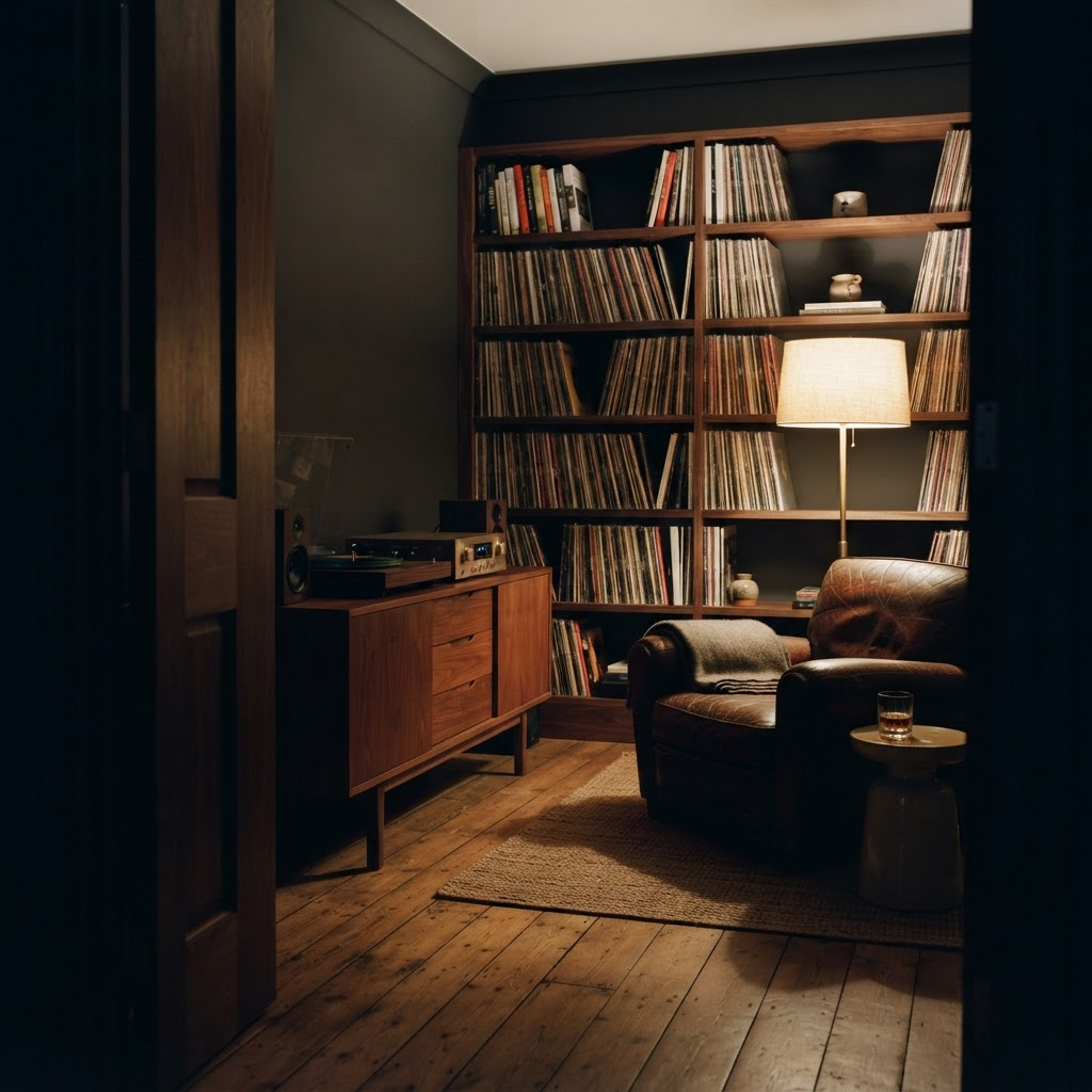 A private music listening room at dusk, seen from the doorway