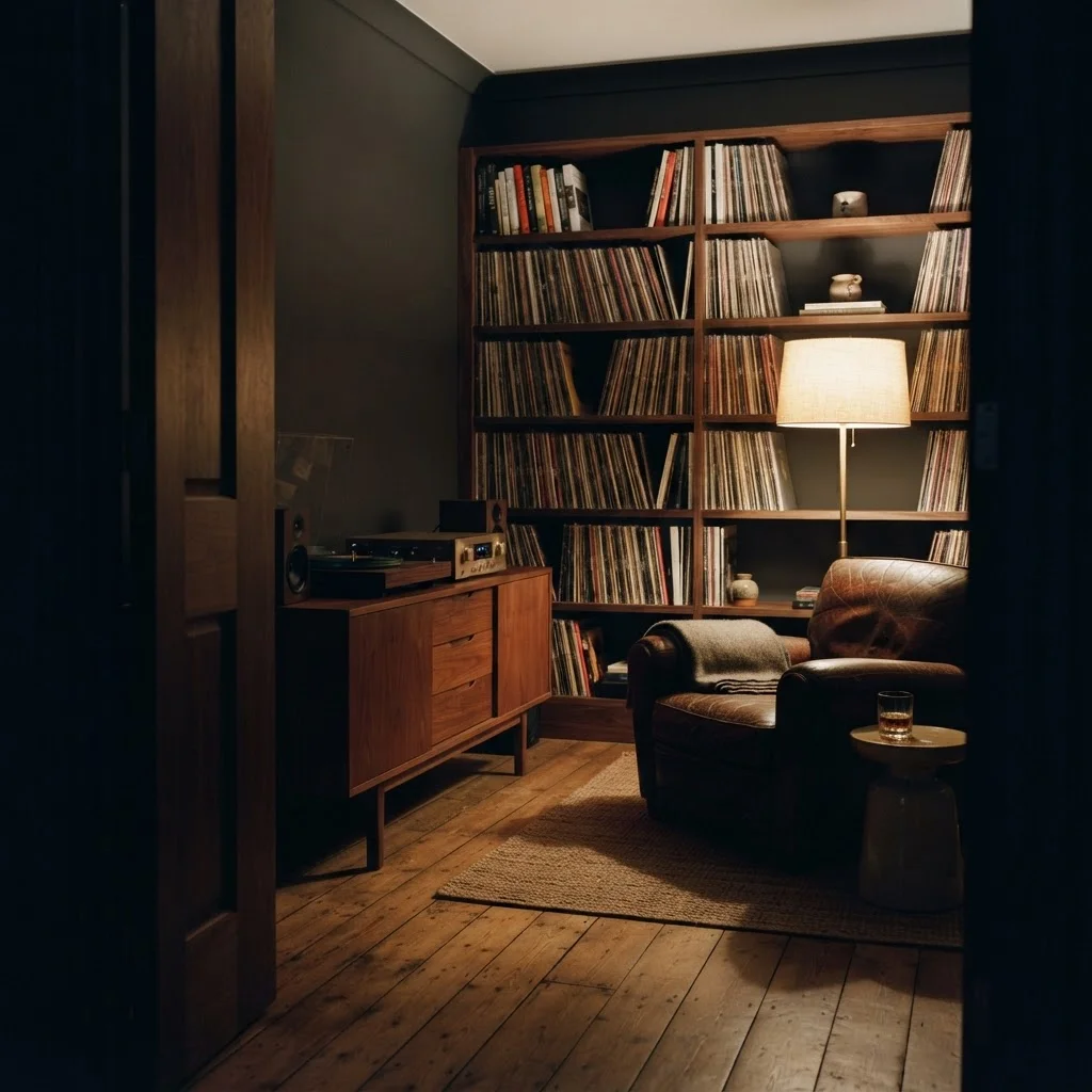 A private music listening room at dusk, seen from the doorway