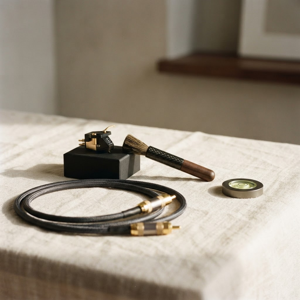 Hi-fi accessories arranged on ivory linen: a phono cartridge, stylus brush, cables and a spirit level