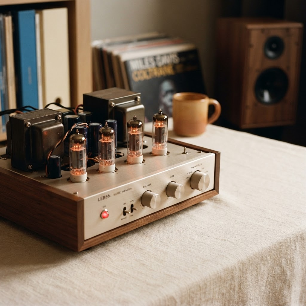 A vintage tube amplifier with warmly glowing valves on ivory linen beside jazz records