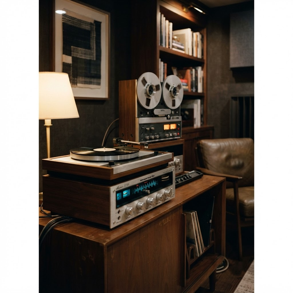 A vintage high-fidelity stereo system stacked on walnut furniture in a private listening room, lit by warm evening lamplight