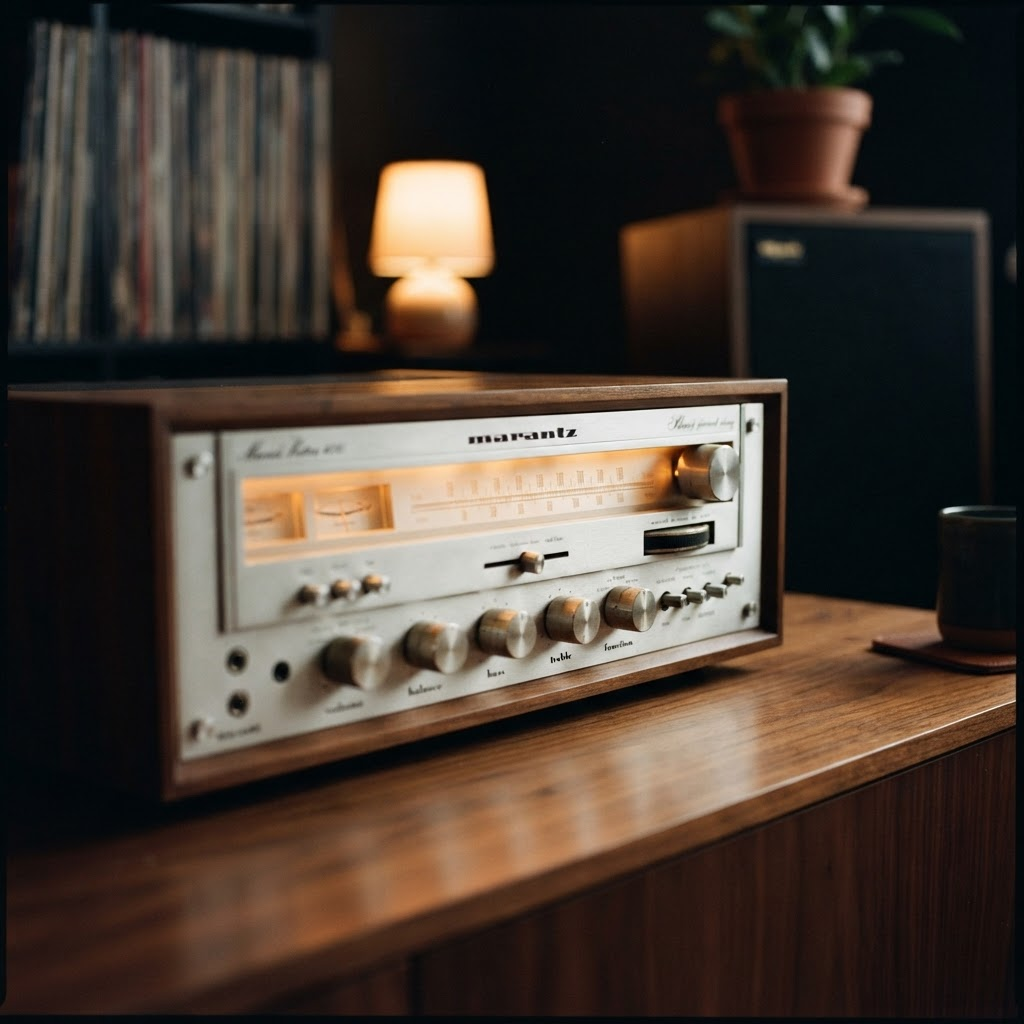 A vintage silver-faced stereo receiver with a warmly backlit amber tuning dial in a dim room