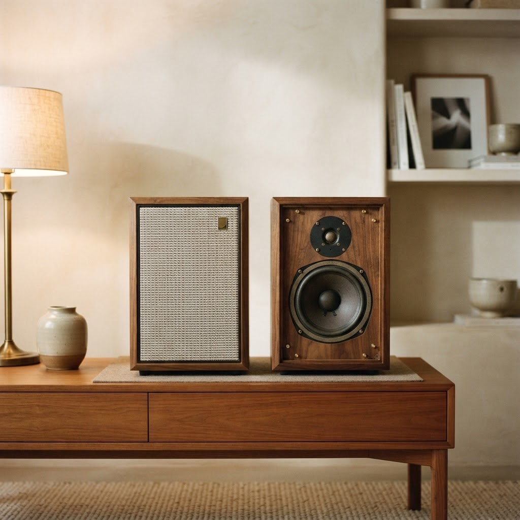 A pair of vintage walnut-cabinet loudspeakers, one with the grille removed showing the driver