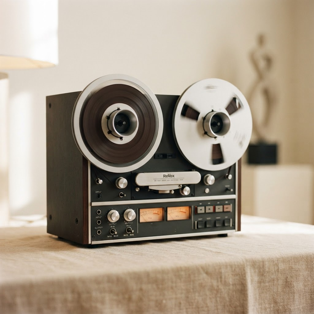 A vintage reel-to-reel tape deck with two spinning reels and VU meters