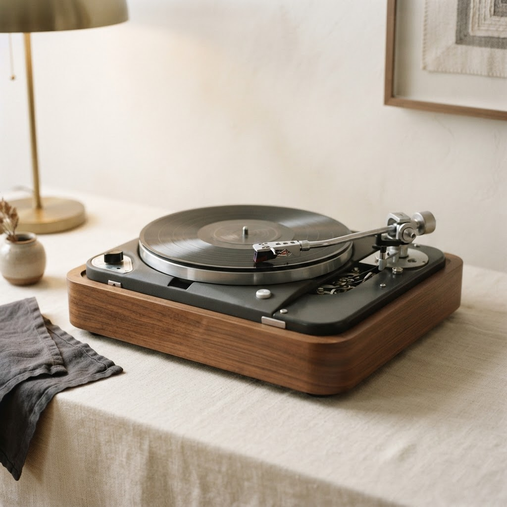 A vintage belt-drive turntable with a wooden plinth and tonearm on a warm ivory surface