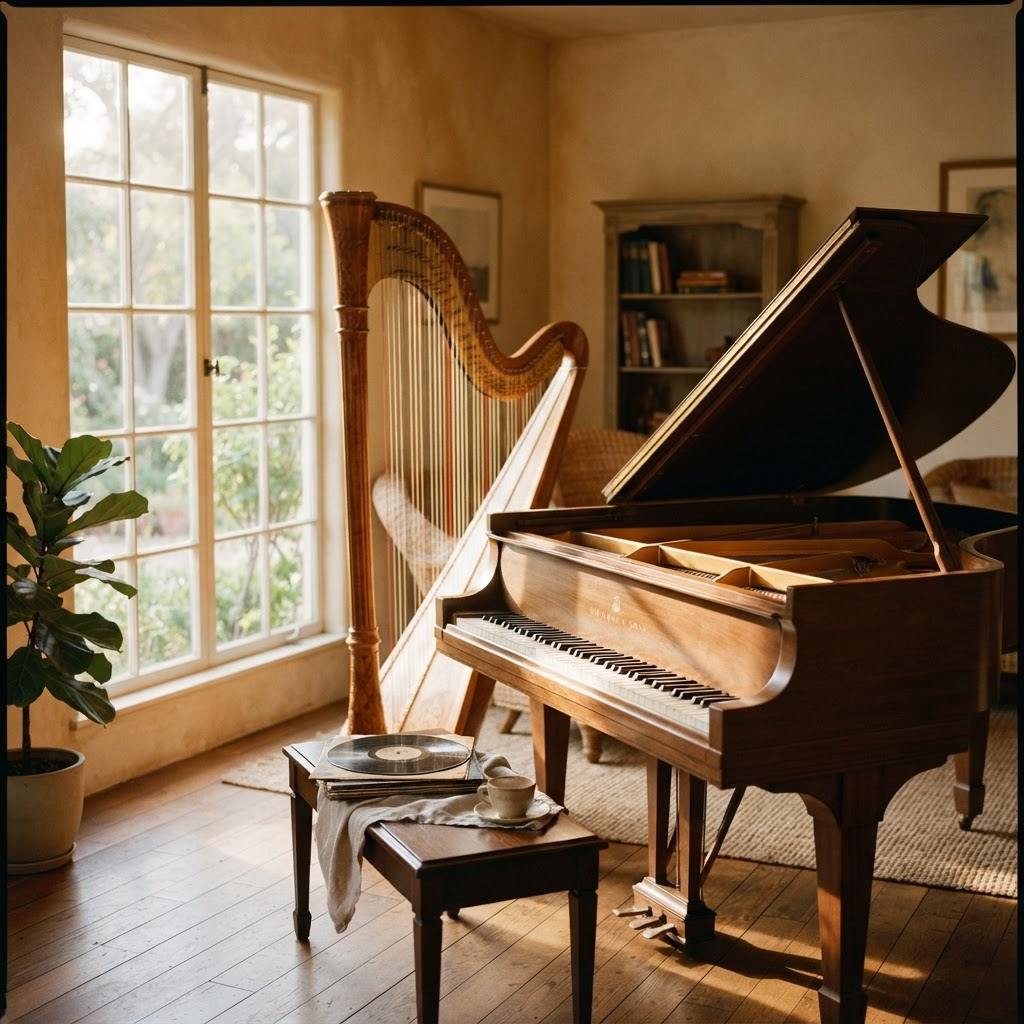 A harp and a grand piano in a sunlit room with a stack of records on the piano bench