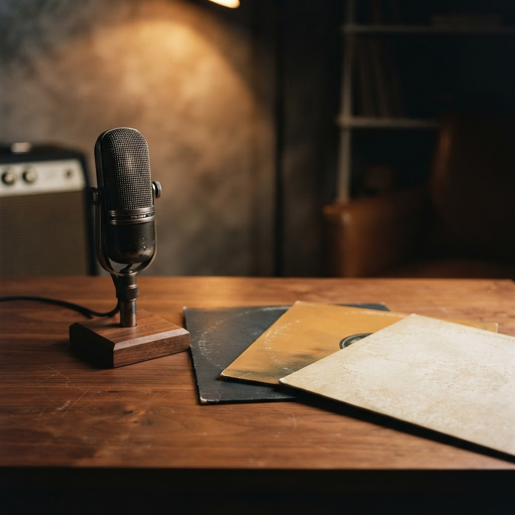 A vintage ribbon microphone beside three carefully chosen LPs fanned on a walnut table under a warm spotlight