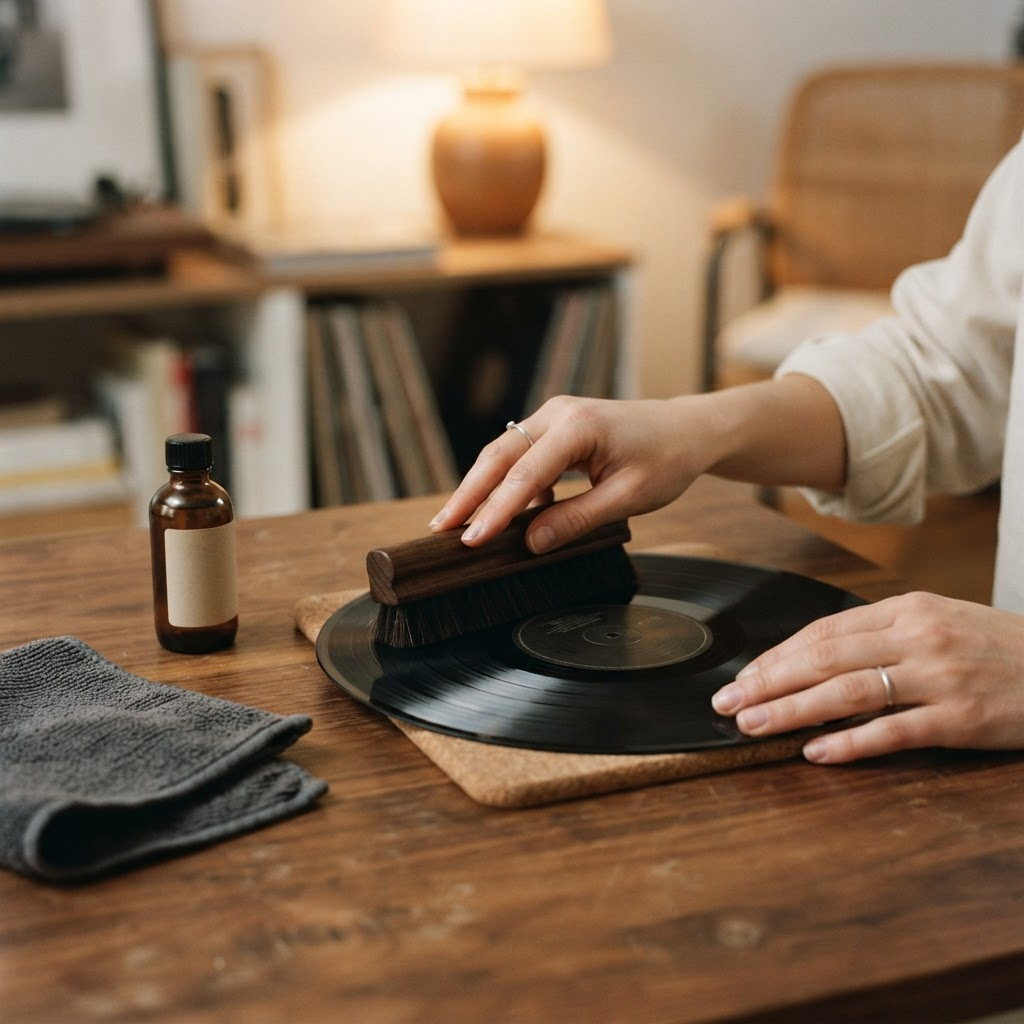 Hands gently cleaning a black vinyl record with a velvet brush on a walnut worktop