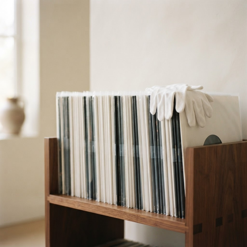 Records stored upright in a walnut shelf with new inner and outer sleeves and a pair of white cotton gloves on top