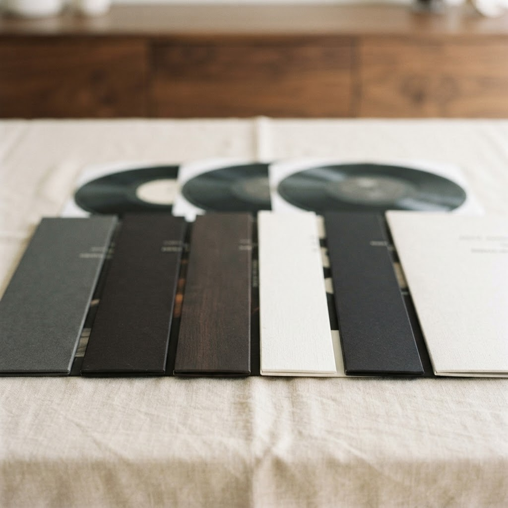 Six different pressings of the same jazz album laid out in a neat row on ivory linen