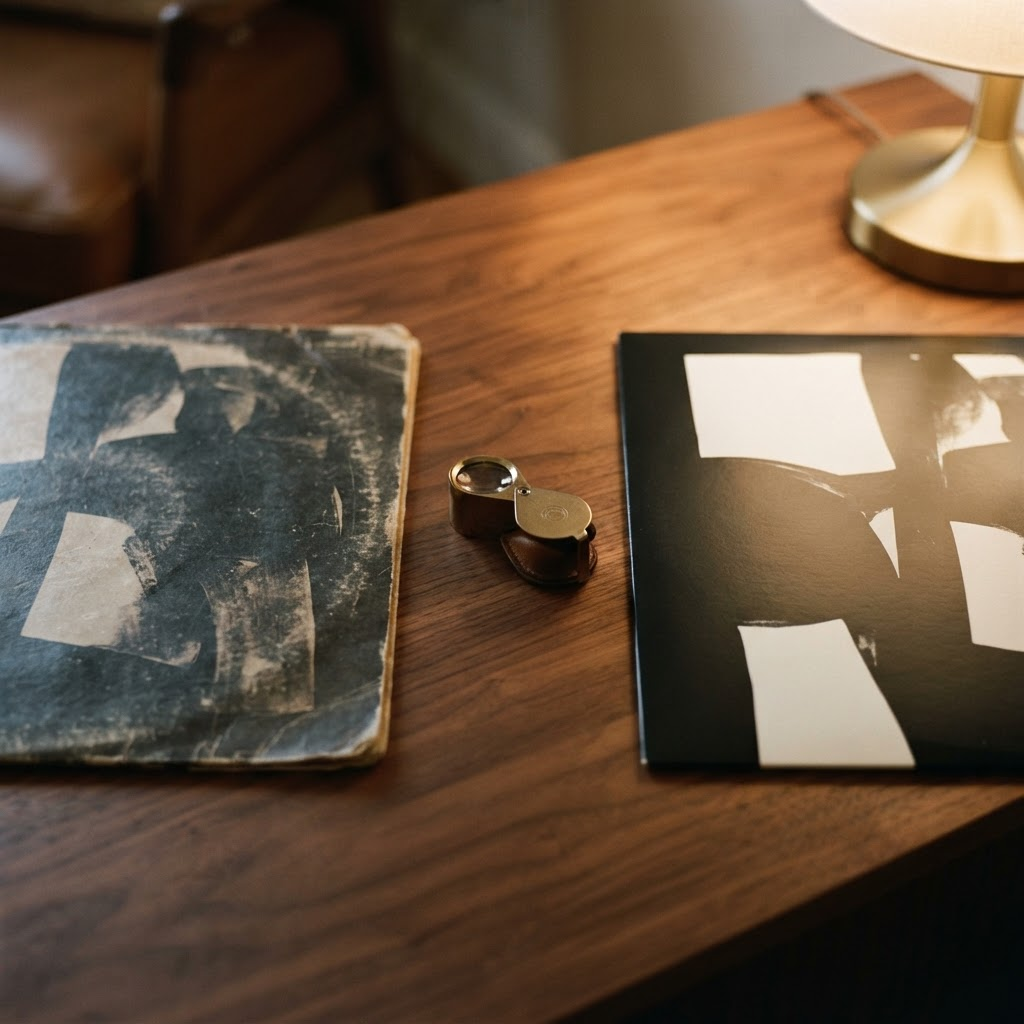 Two copies of the same LP side by side on walnut, one older and worn, one crisp and new, with a loupe between them