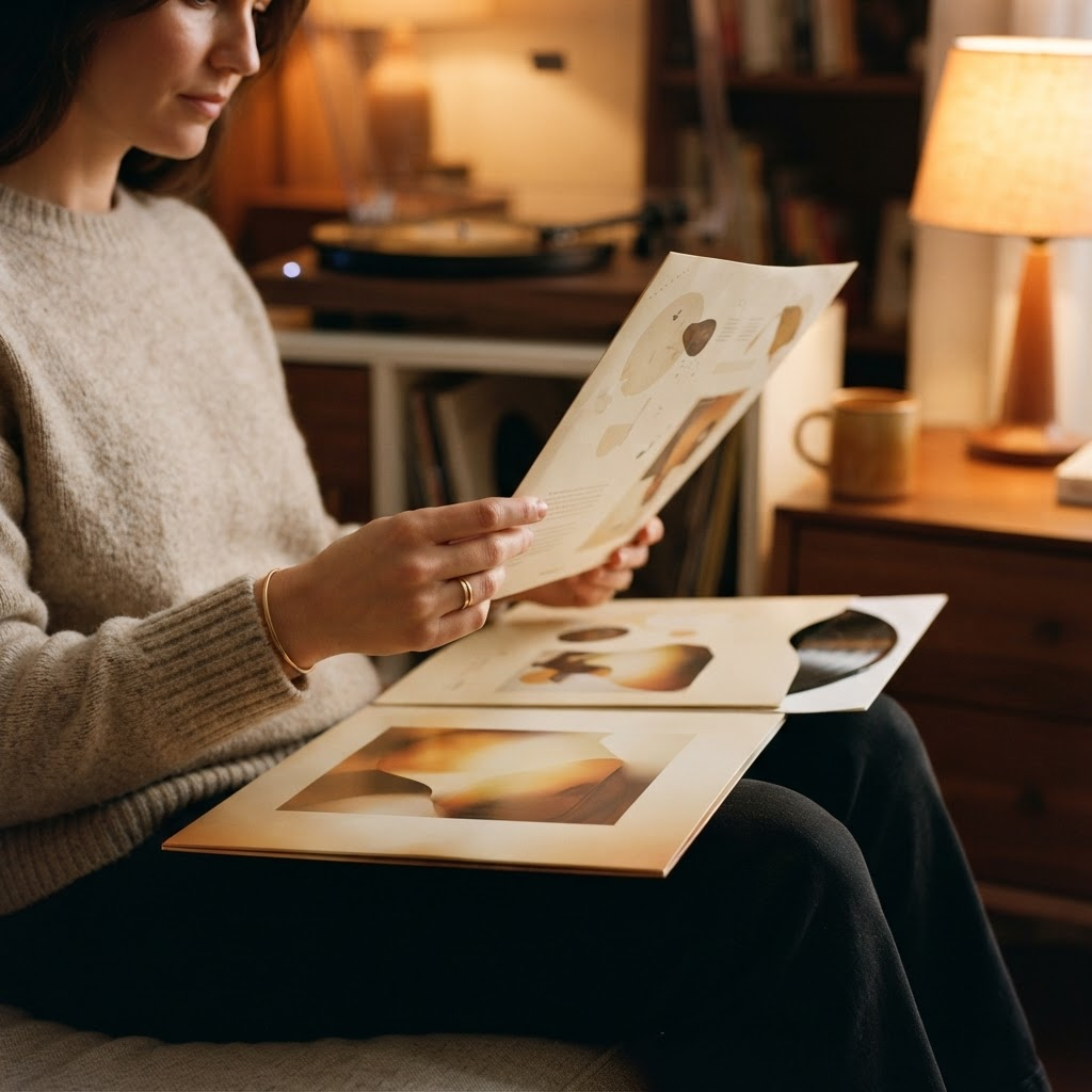 An open gatefold record sleeve on a lap, a hand holding the printed inner sleeve up to read in warm lamplight