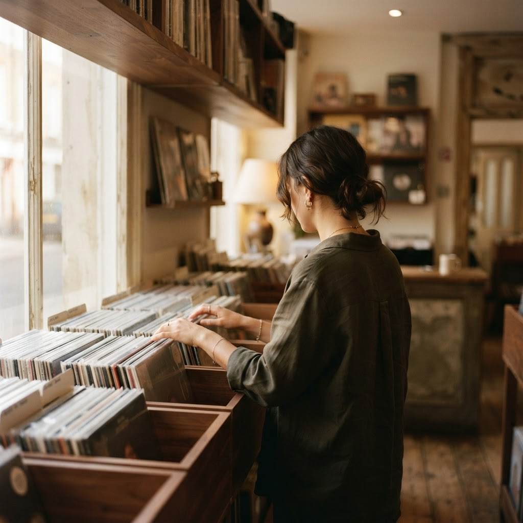 The interior of an independent record shop with wooden crates and a browser flipping through a bin