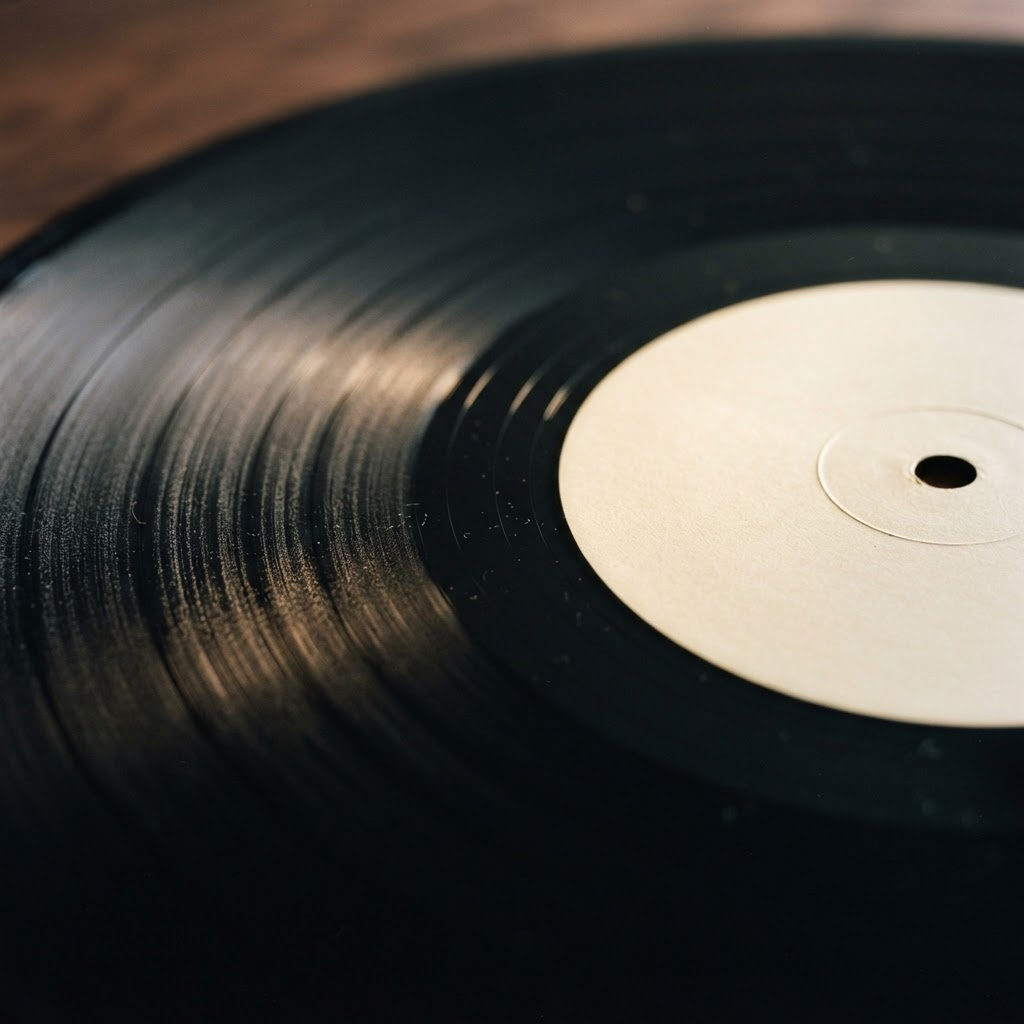 A macro view of the run-out groove and deadwax at the center of a black vinyl record