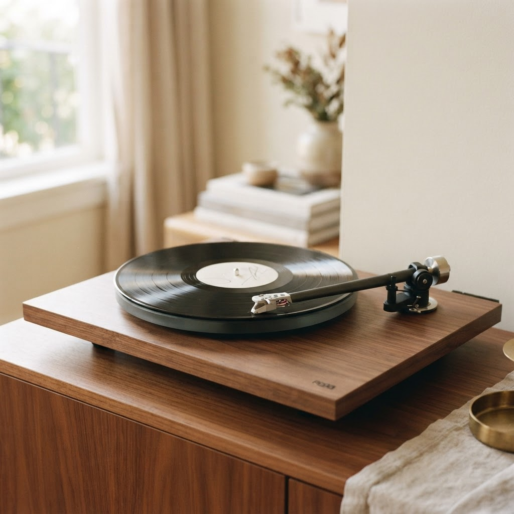 A record resting on a turntable platter mid-spin with the tonearm lowered near the end of a side
