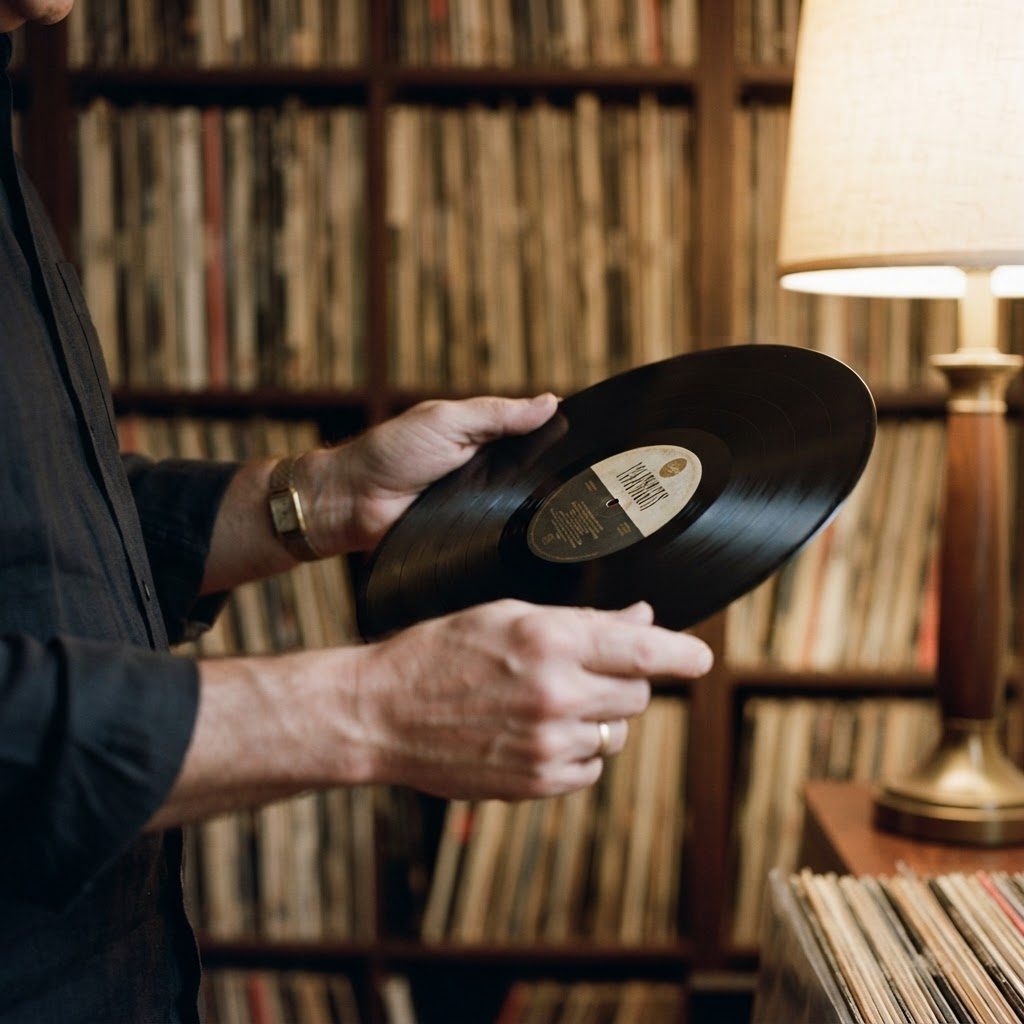 A collector's hands holding an original first-pressing LP up to the light to inspect the label and deadwax