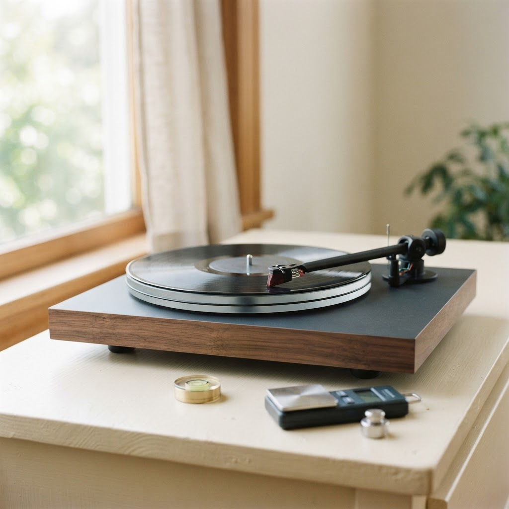 A well-made entry-level turntable on an ivory surface near a window with a spirit level and stylus gauge beside it