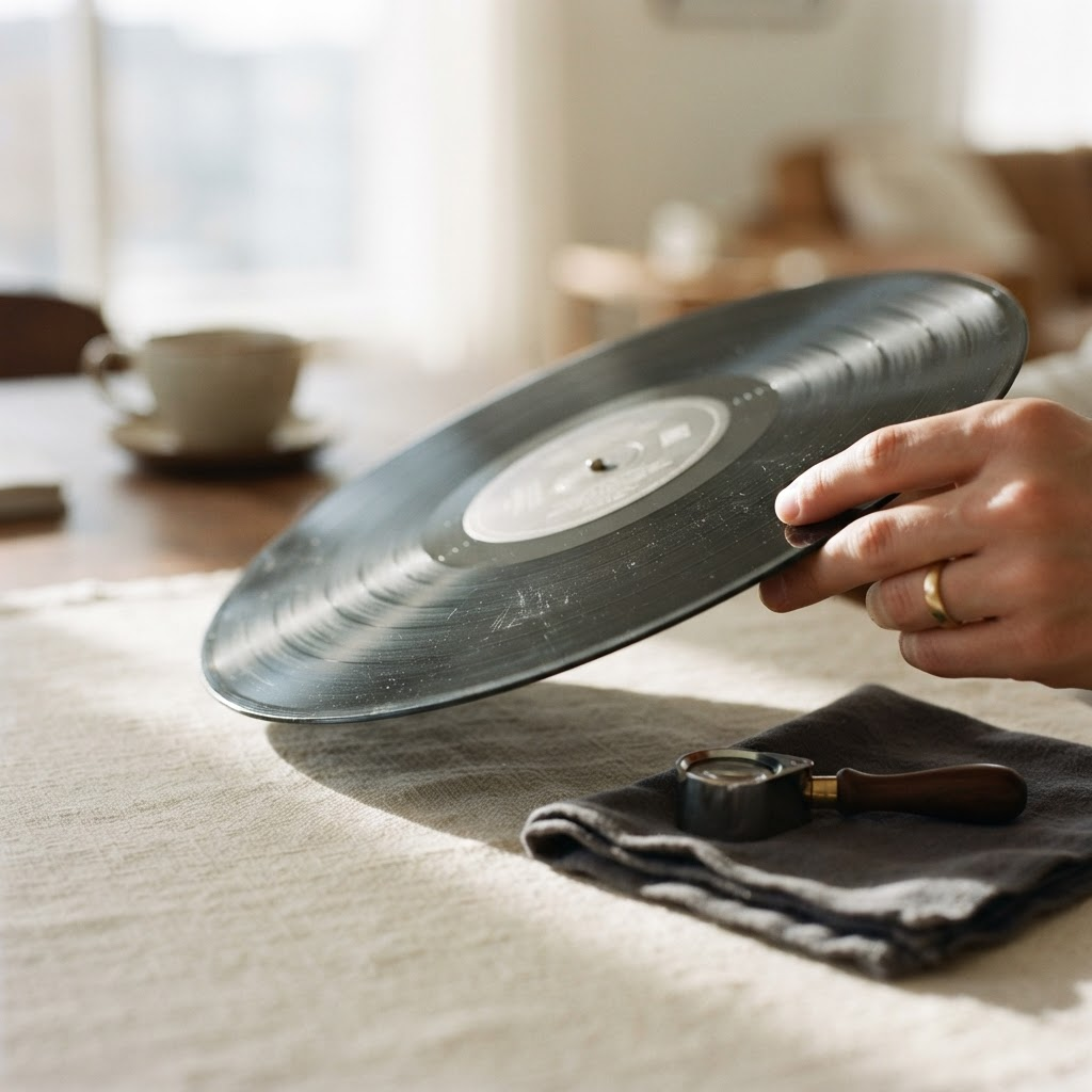 A record held under a bright angled light to reveal surface sheen and light scuffs, with a loupe and cloth beside it