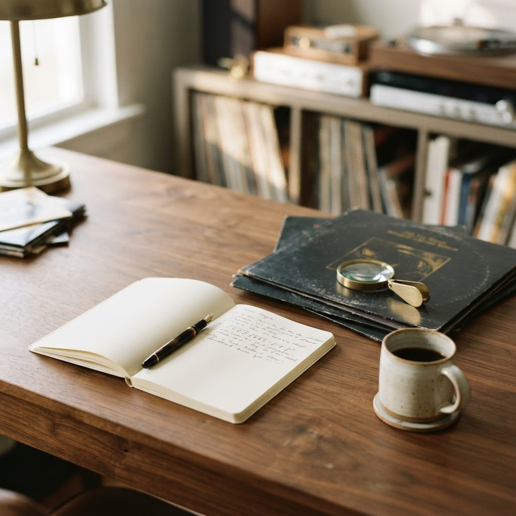 A writer's desk in a quiet study: an open notebook and fountain pen beside a stack of records, a coffee, and a loupe on a sleeve in warm morning light