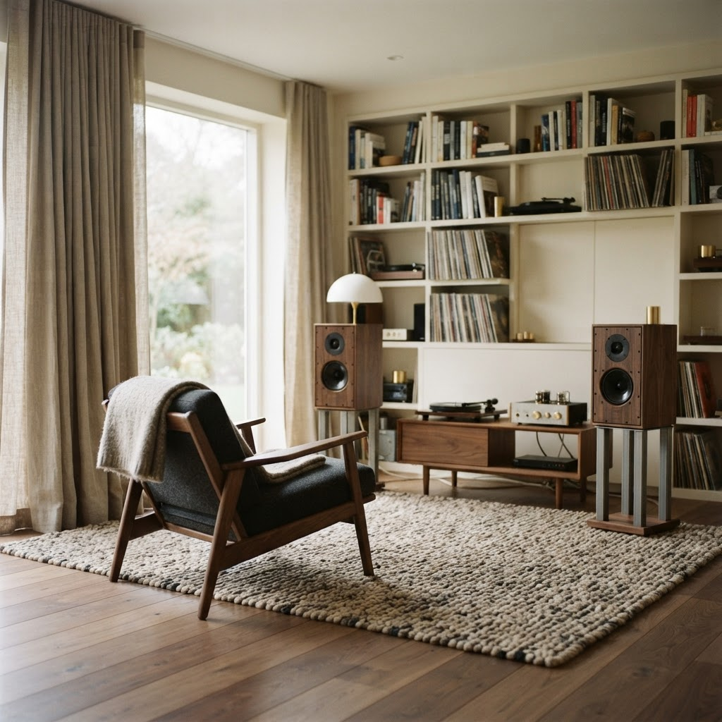 A well-treated listening room with soft furnishings, a rug, bookshelves and a pair of speakers set into the space