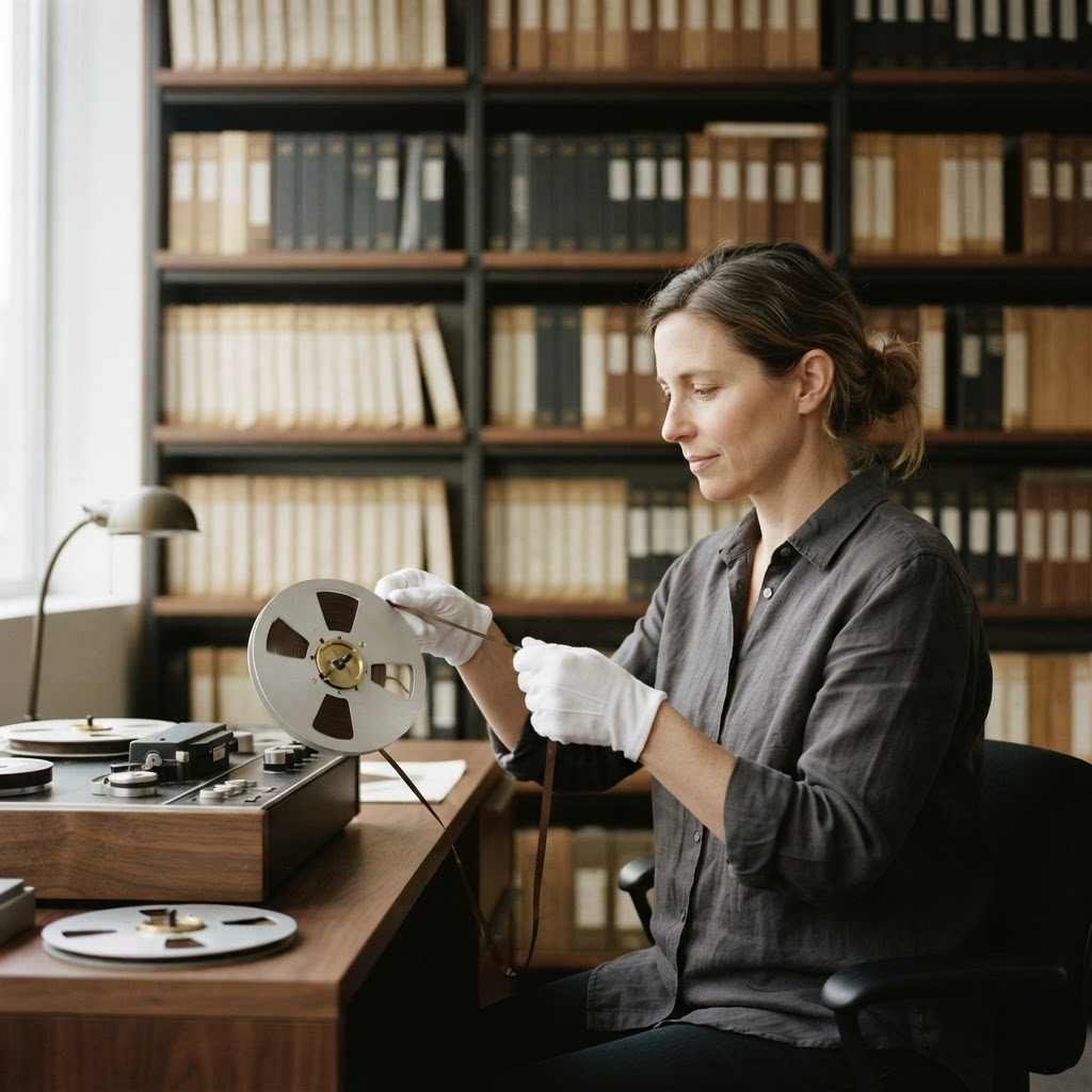 A sound archivist in white cotton gloves handling a reel of tape in a climate-controlled archive
