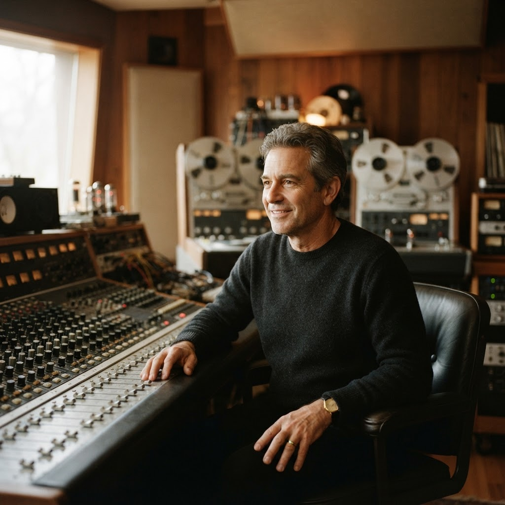 A mastering engineer seated at a large mixing console with tape machines behind in a warm analog studio
