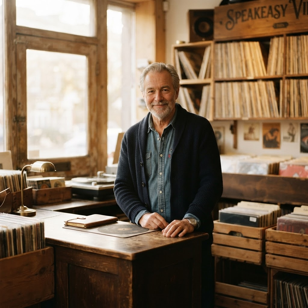 An older independent record shop owner standing behind a wooden counter surrounded by crates of records