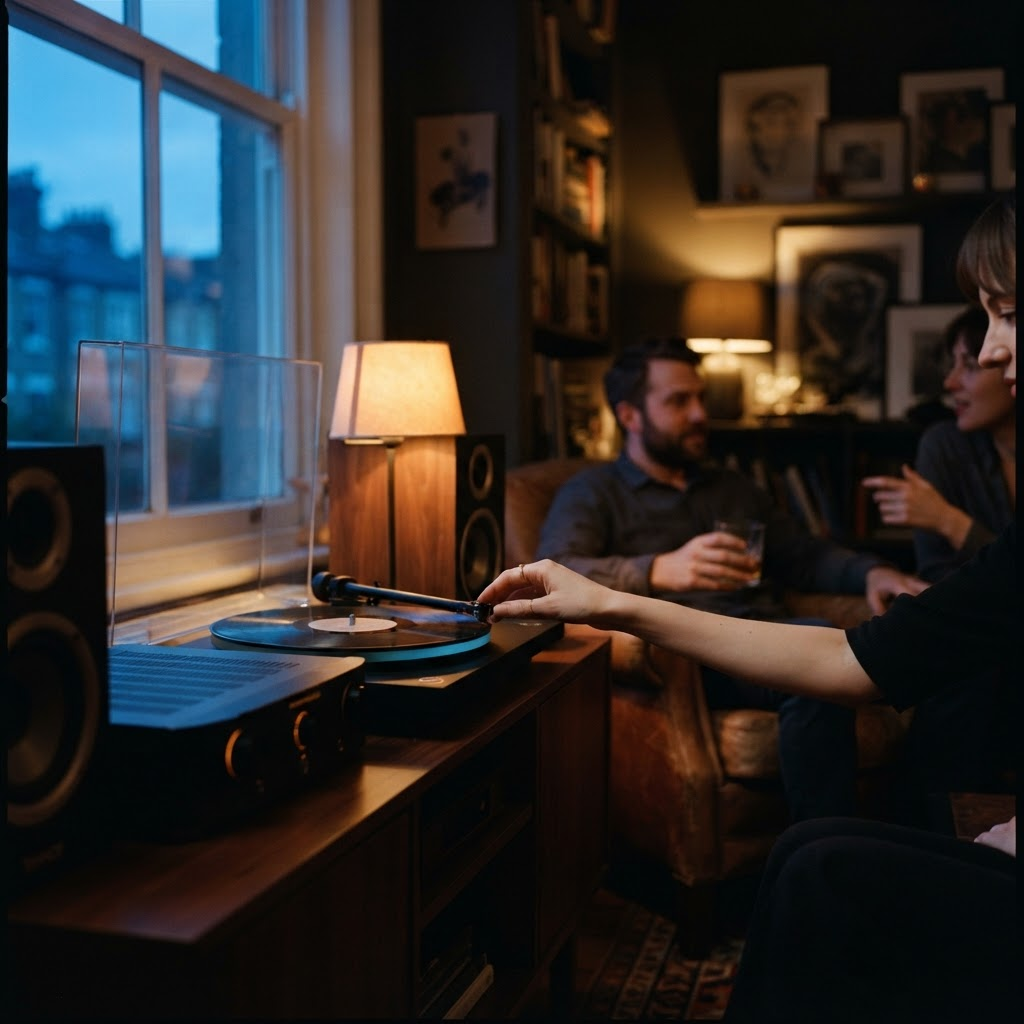 A small evening listening gathering in low light around a glowing hi-fi as blue dusk fills the window
